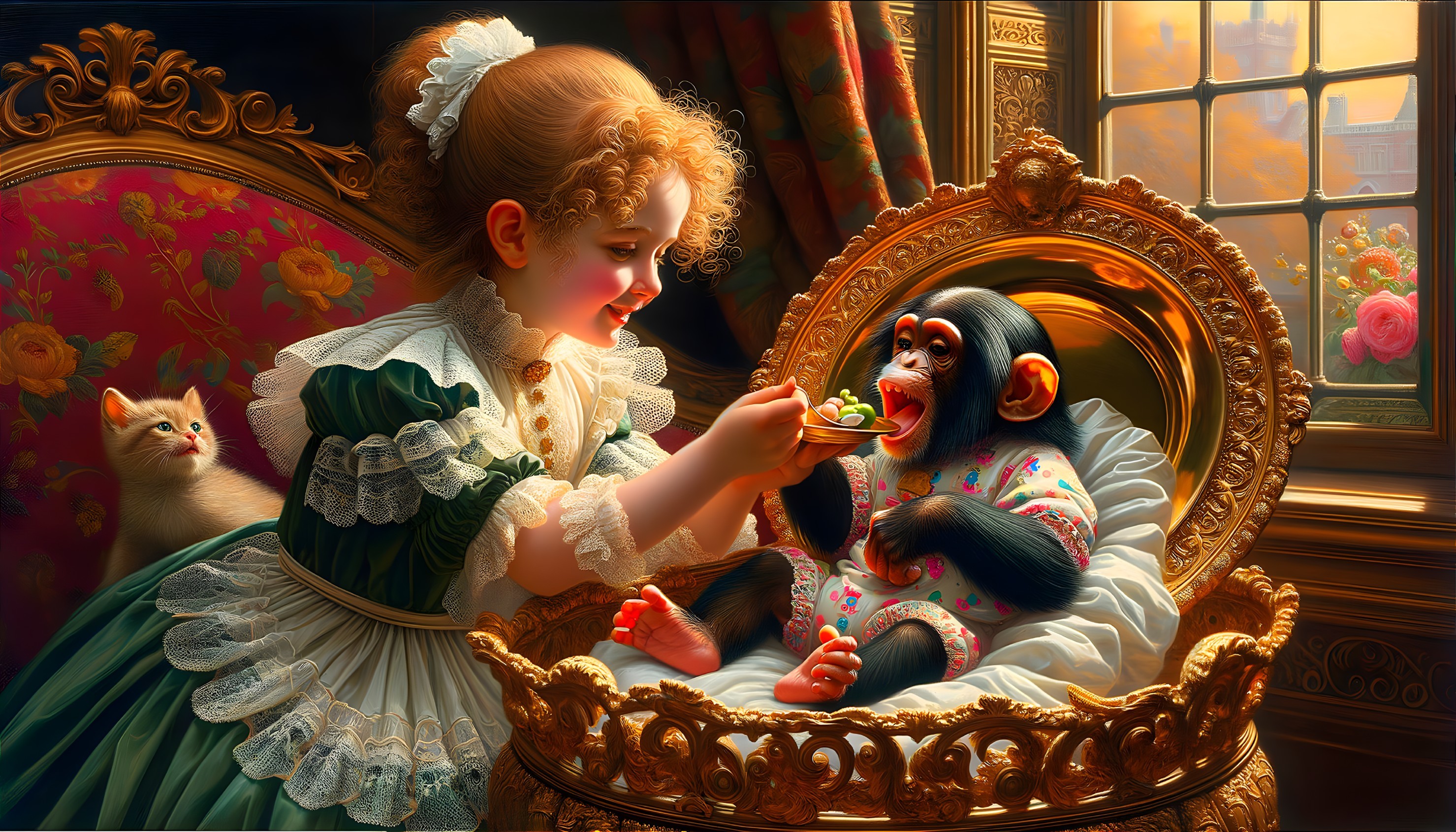 Young Girl Feeds Chimpanzee in Decorated Room