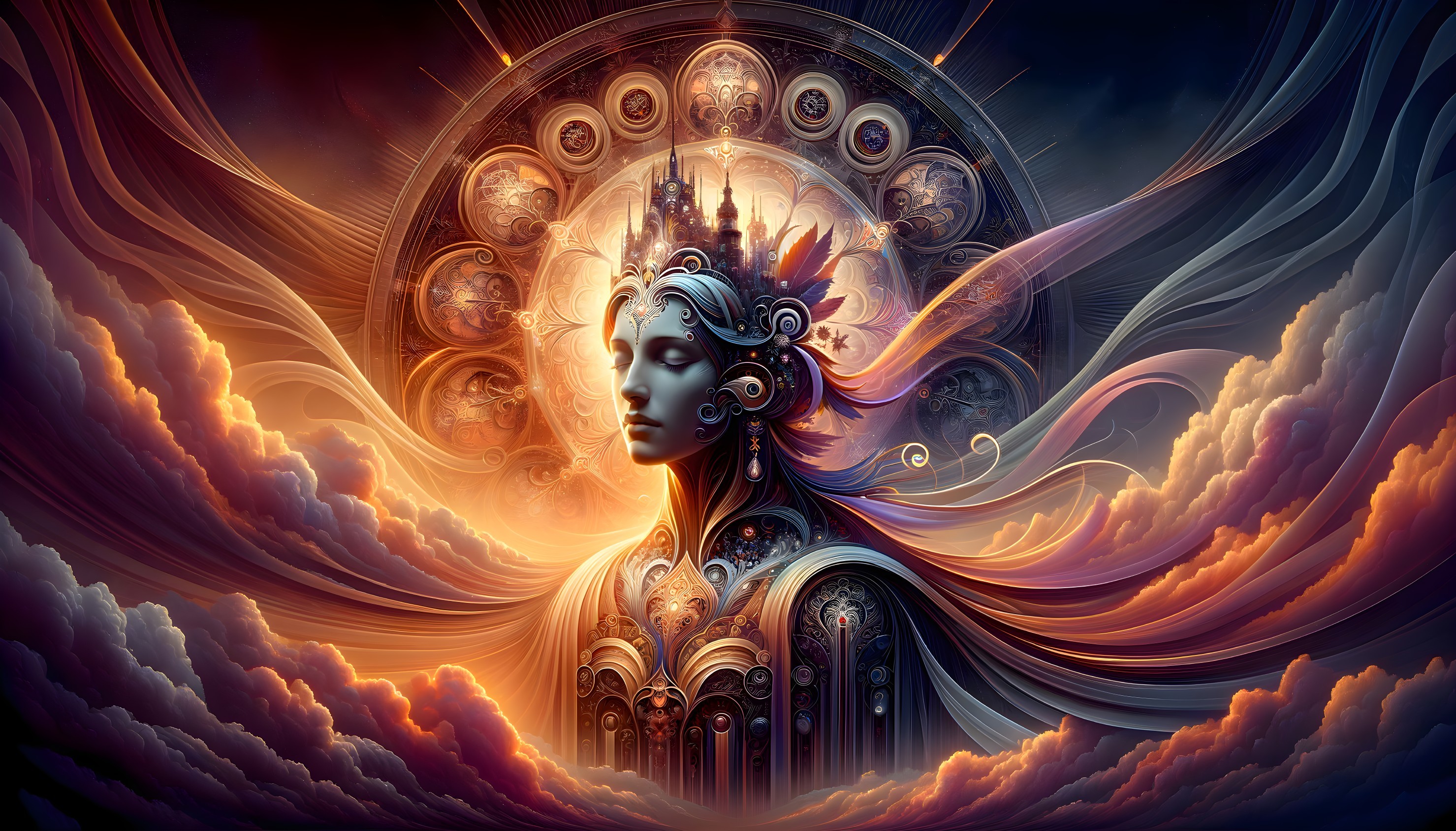 Surreal Composition of Serene Figure with Ethereal Elements