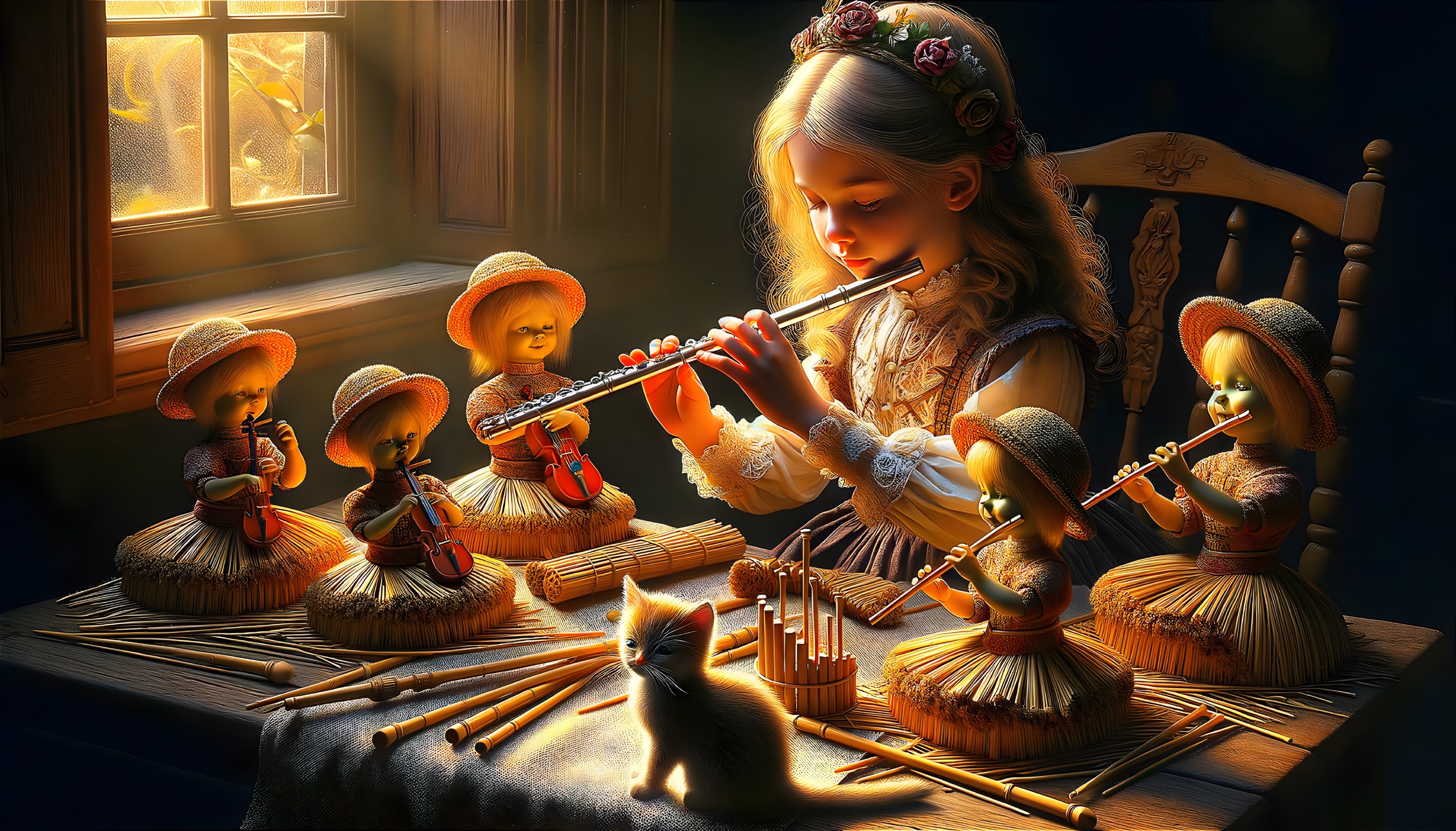 Young Girl Playing Flute with Dolls and Kitten