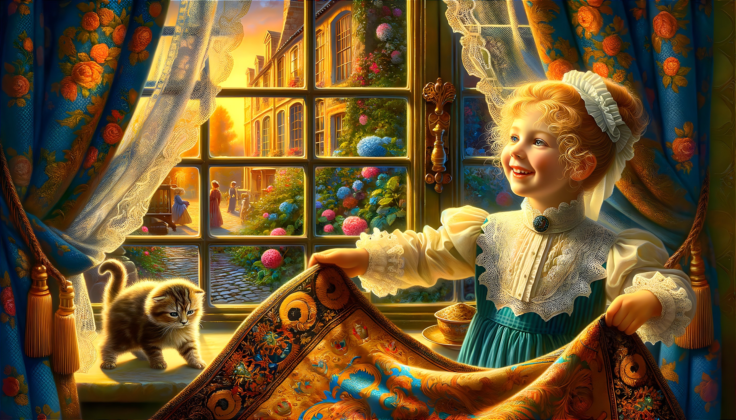 Victorian Delight: The Joyful Girl and Her Kitten