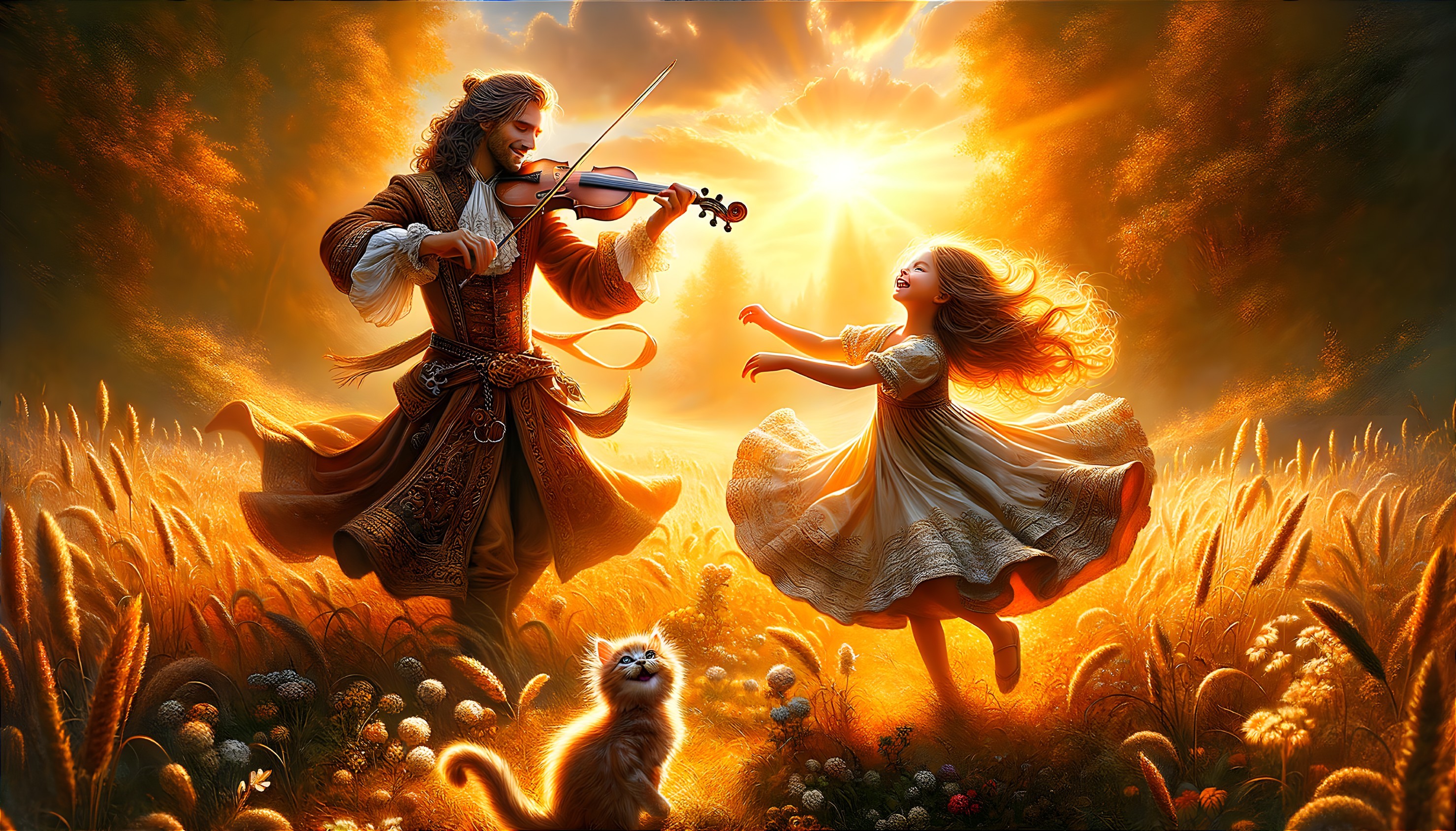 Man in Elegant Attire Plays Violin in Sunlit Meadow