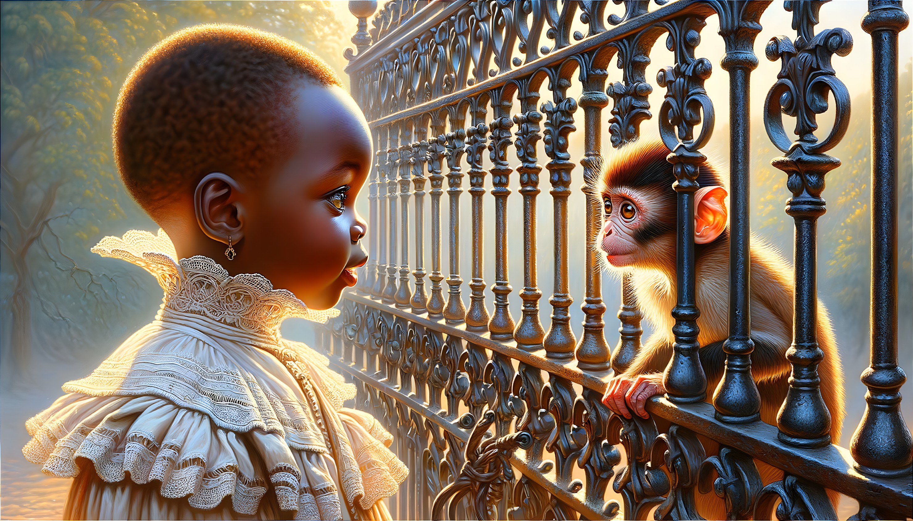Child in Vintage Outfit with Monkey by Wrought Iron Fence