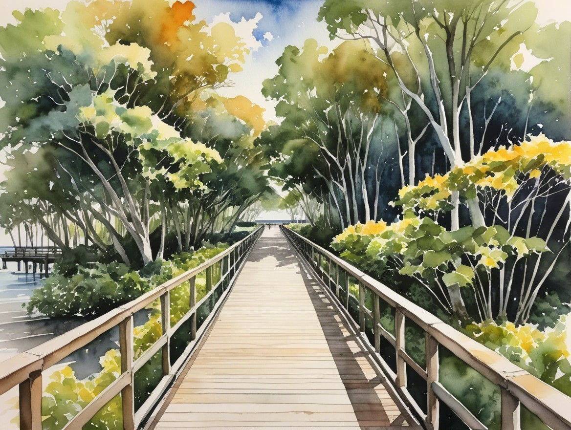 Wooden Boardwalk Surrounded by Lush Greenery