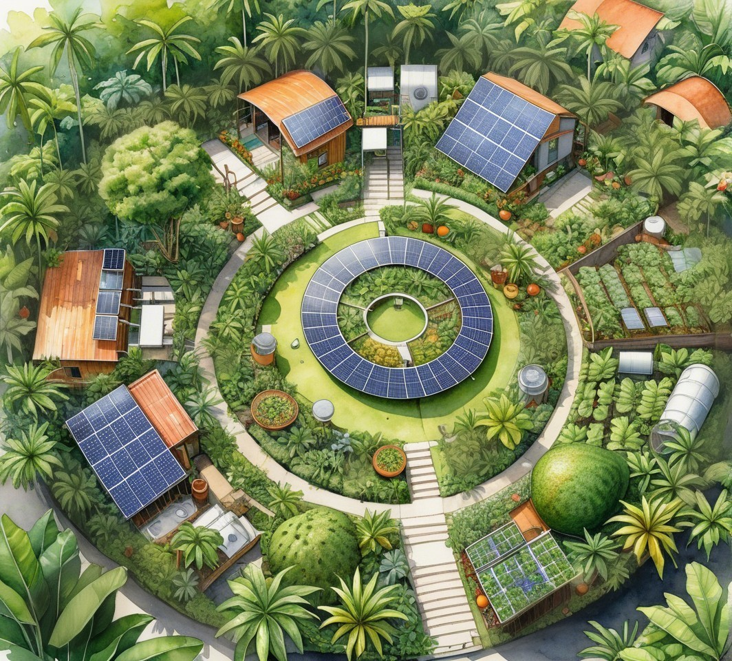 Vibrant Eco-Village with Solar Panels and Gardens
