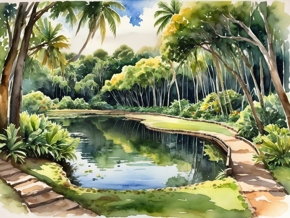 Tranquil Pond Surrounded by Lush Greenery Landscape