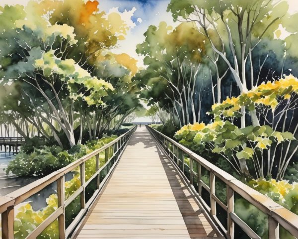 Wooden Boardwalk Surrounded by Lush Greenery