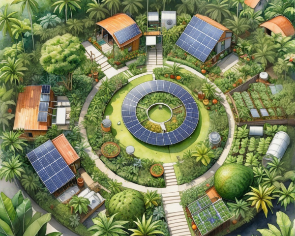 Vibrant Eco-Village with Solar Panels and Gardens
