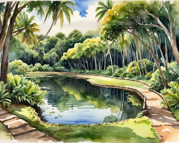 Tranquil Pond Surrounded by Lush Greenery Landscape