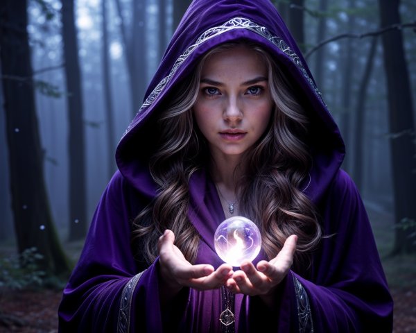 Mystical forest scene with a woman and crystal ball