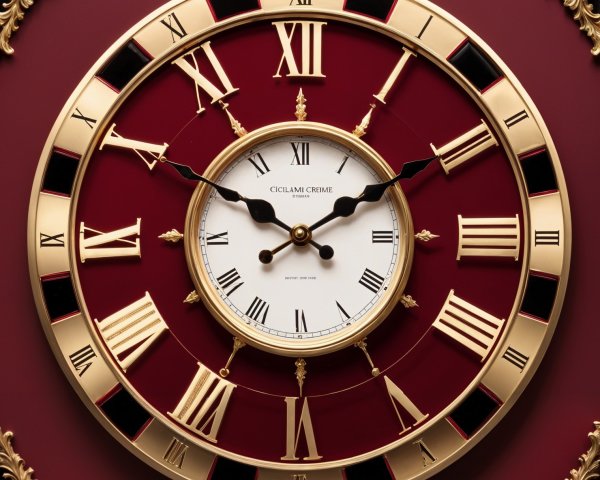 Ornate wall clock with red background and gold accents