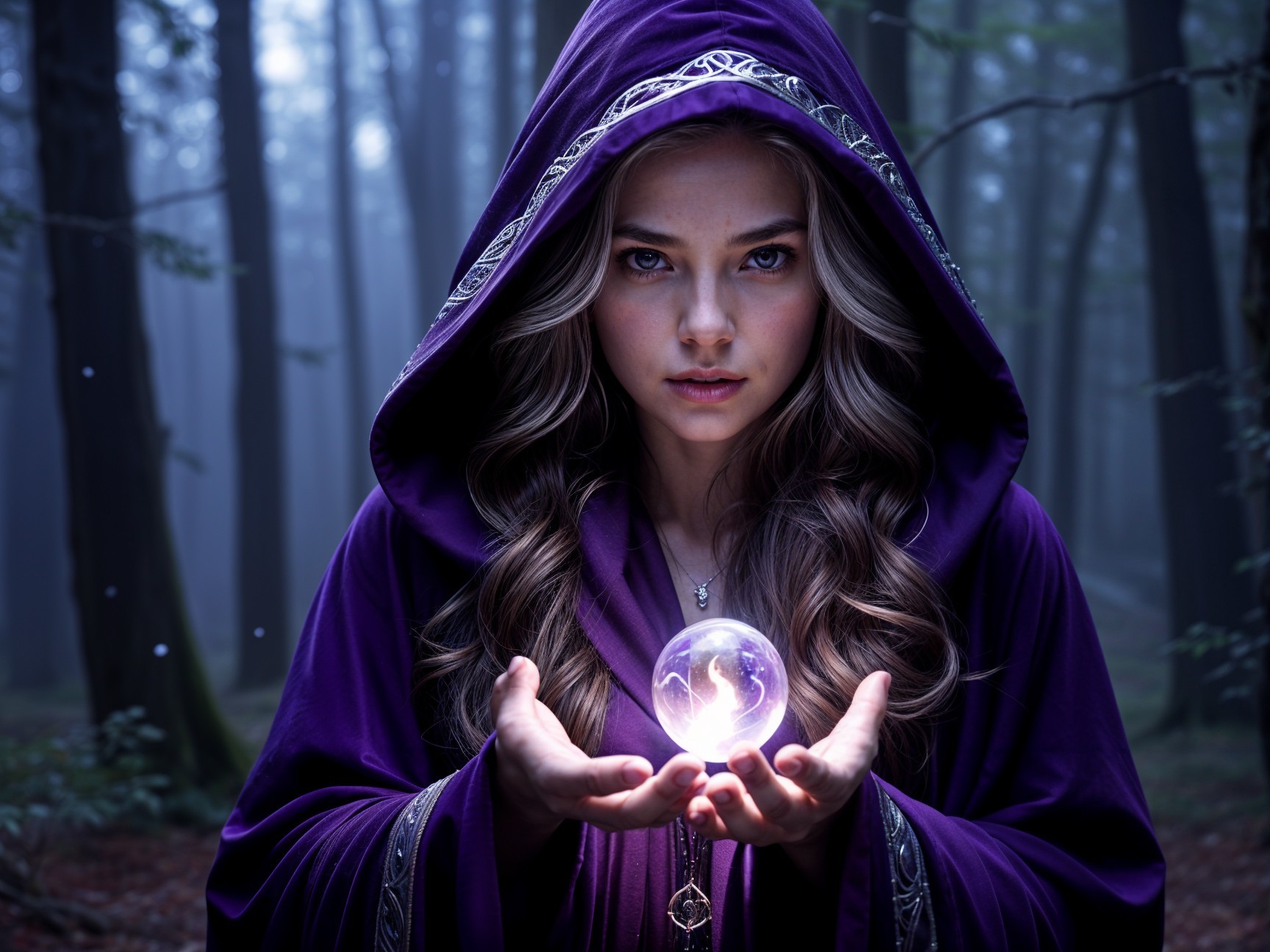 Mystical forest scene with a woman and crystal ball
