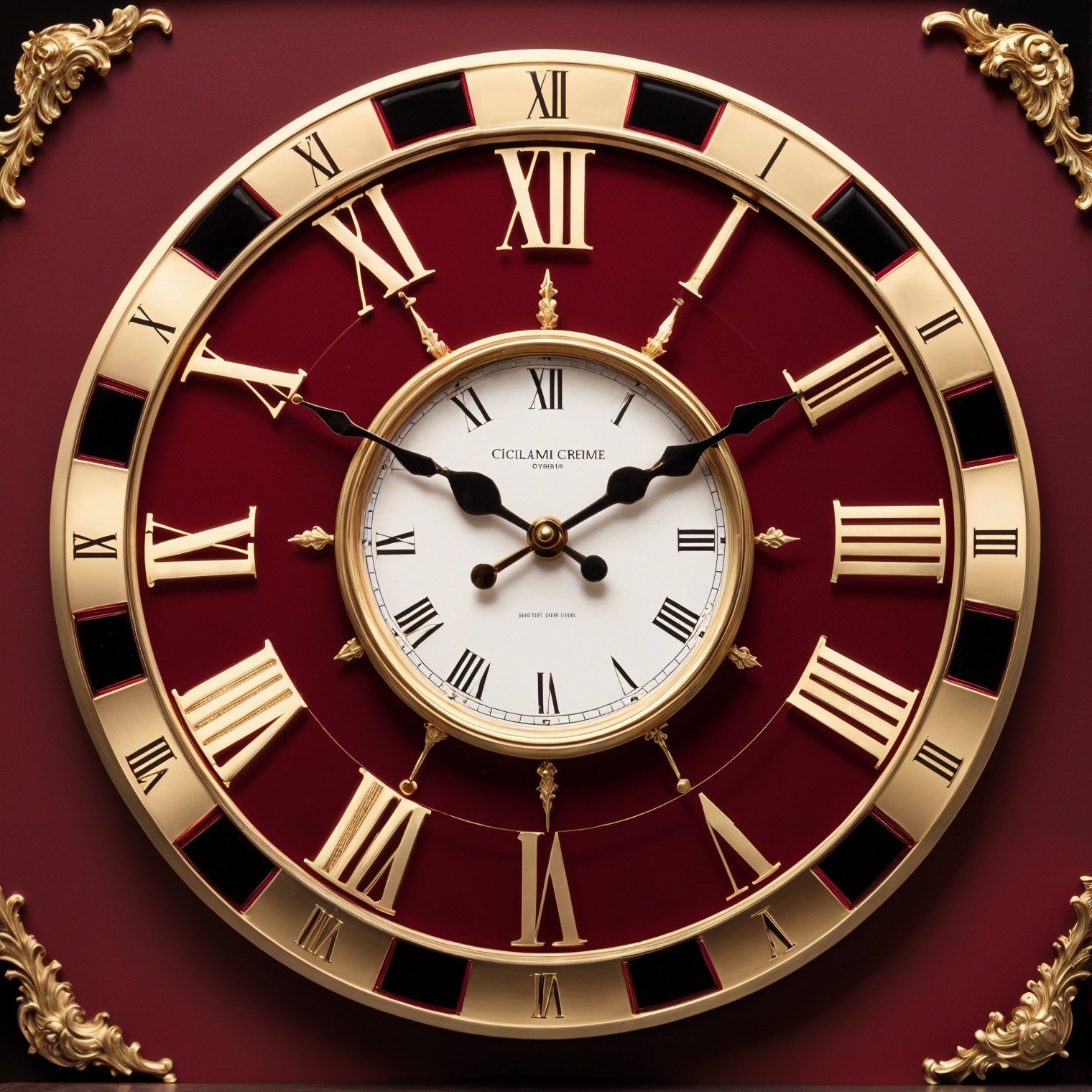 Ornate wall clock with red background and gold accents