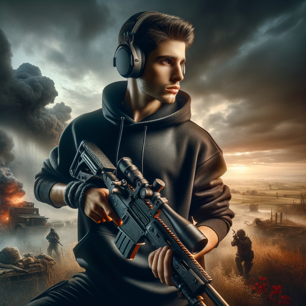 Young man in hoodie with rifle in dramatic battlefield