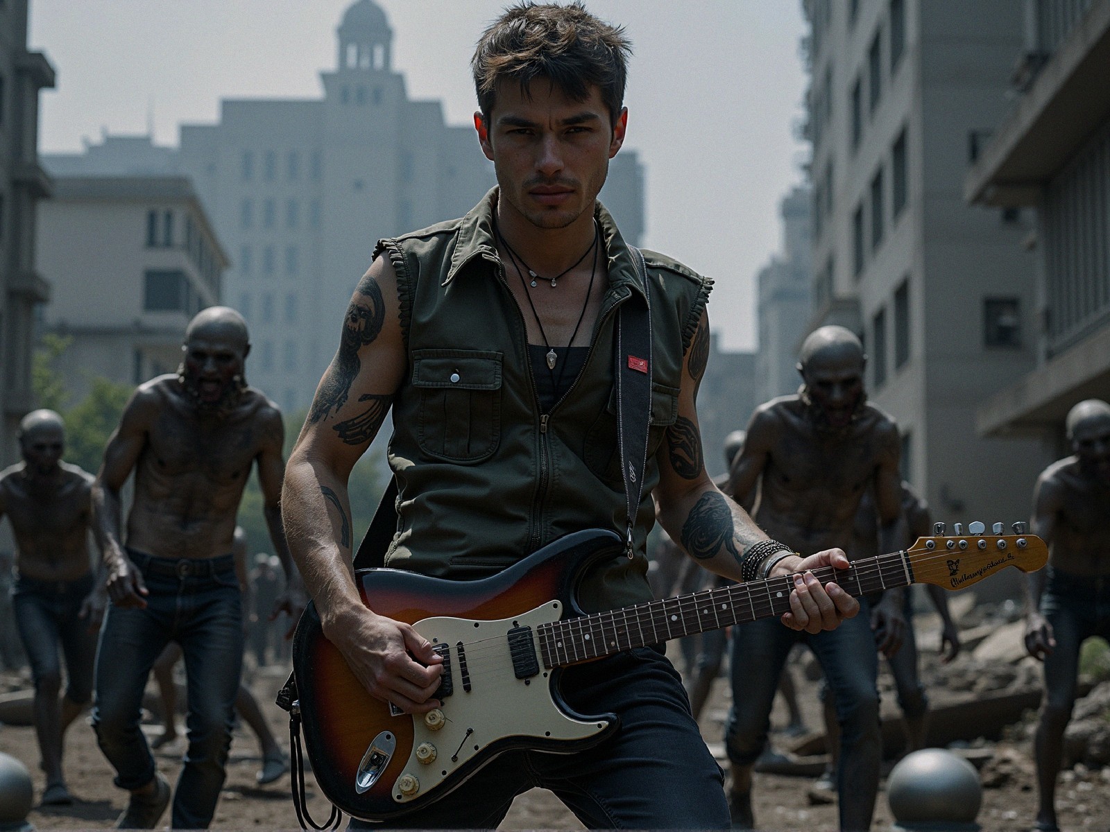 Young Musician with Electric Guitar in Urban Chaos