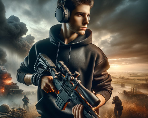Young man in hoodie with rifle in dramatic battlefield