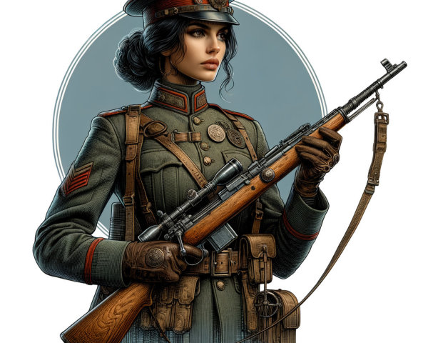 Female Soldier in Vintage Military Uniform with Rifle