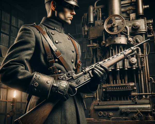 Historic soldier in uniform with steampunk backdrop