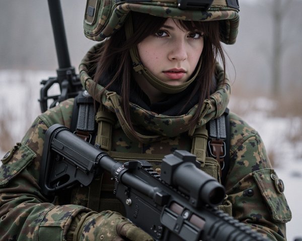 Young Female Soldier in Snowy Military Landscape