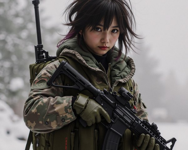 Young Woman in Camouflage Jacket in Winter Landscape