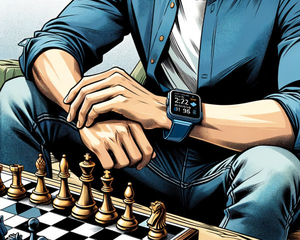 Close-up of hands on lap near chessboard with pieces