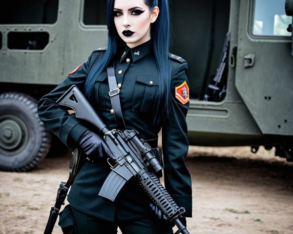 Military Figure in Dark Green Uniform with Assault Rifle