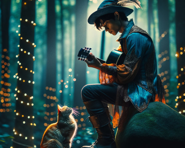 Young musician plays guitar in a mystical forest