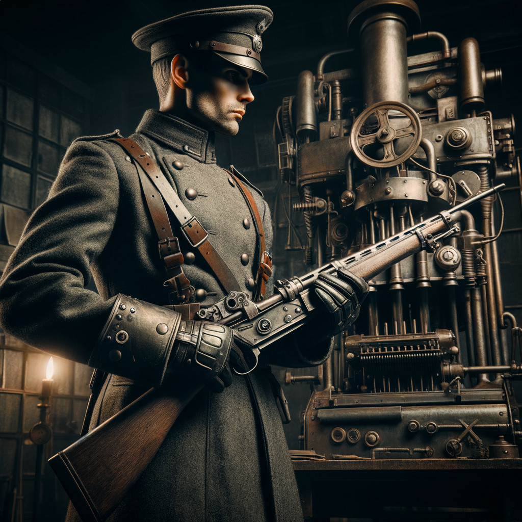 Historic soldier in uniform with steampunk backdrop