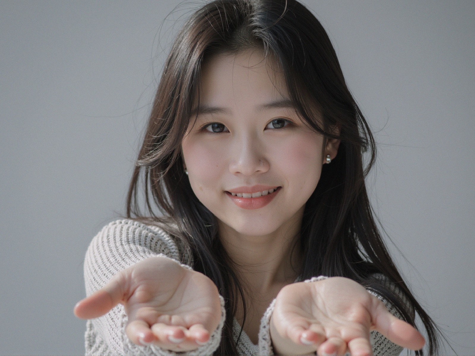 Young woman in cozy sweater with warm smile