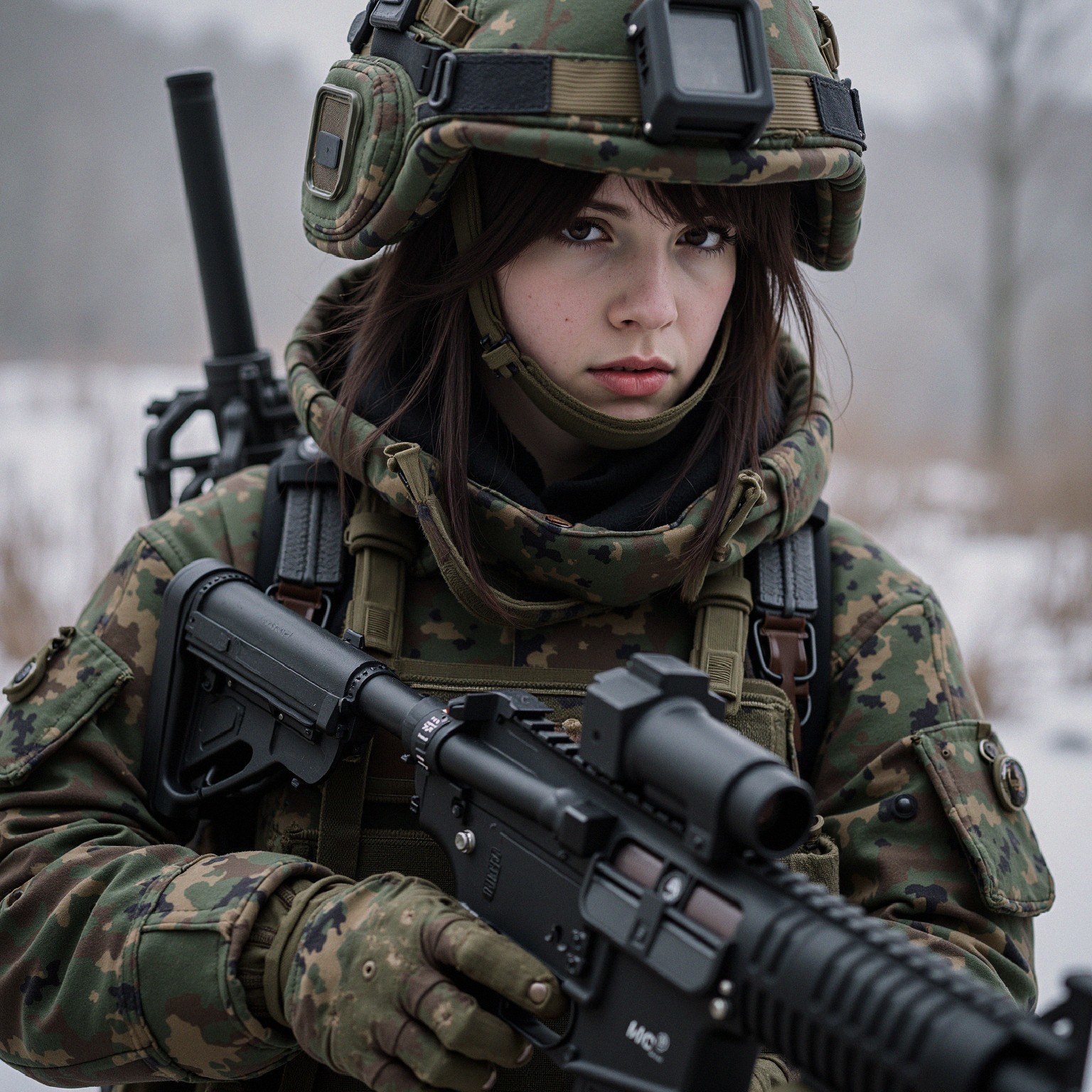 Young Female Soldier in Snowy Military Landscape