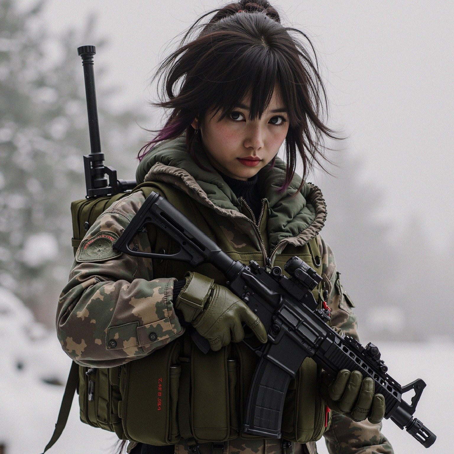 Young Woman in Camouflage Jacket in Winter Landscape
