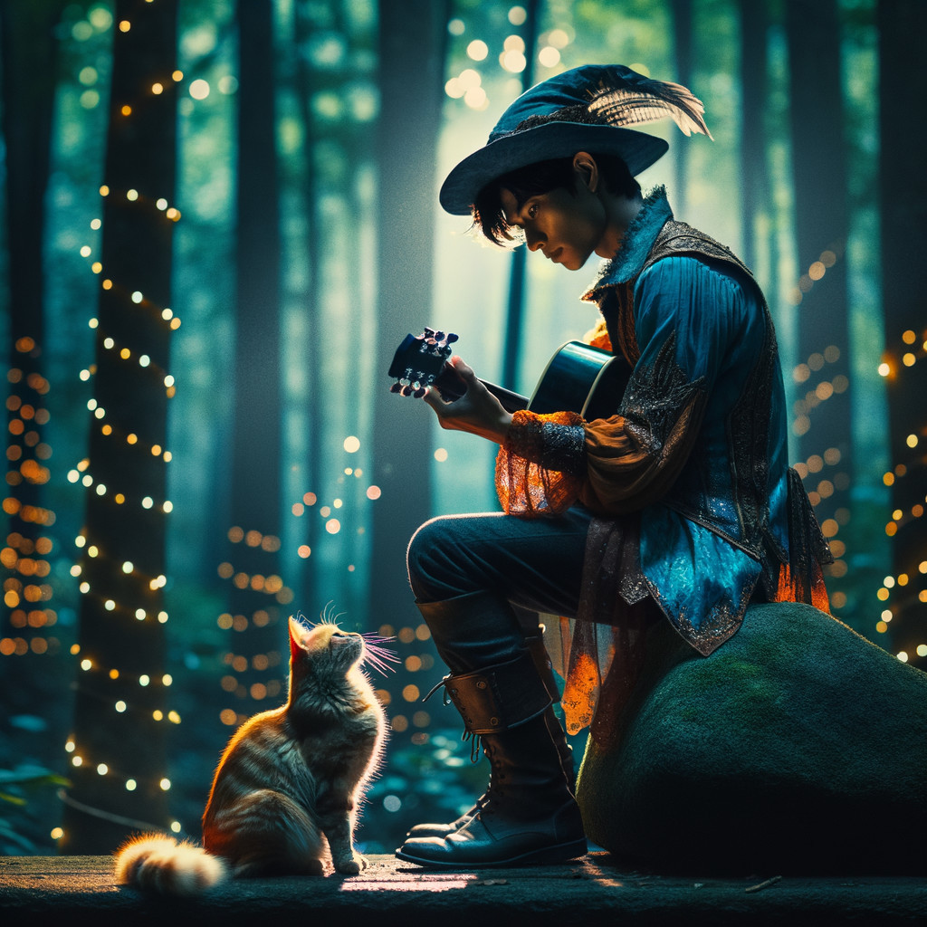 Young musician plays guitar in a mystical forest
