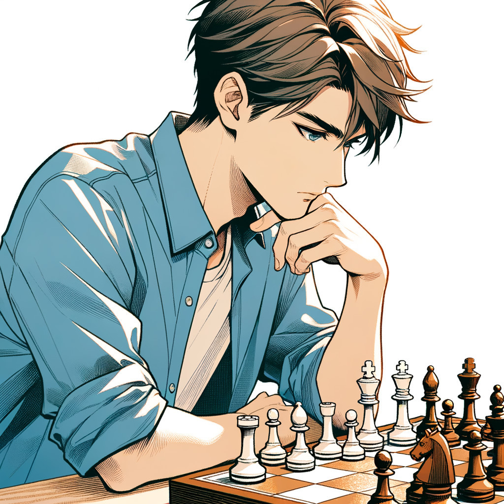 Young man in deep thought at a chessboard