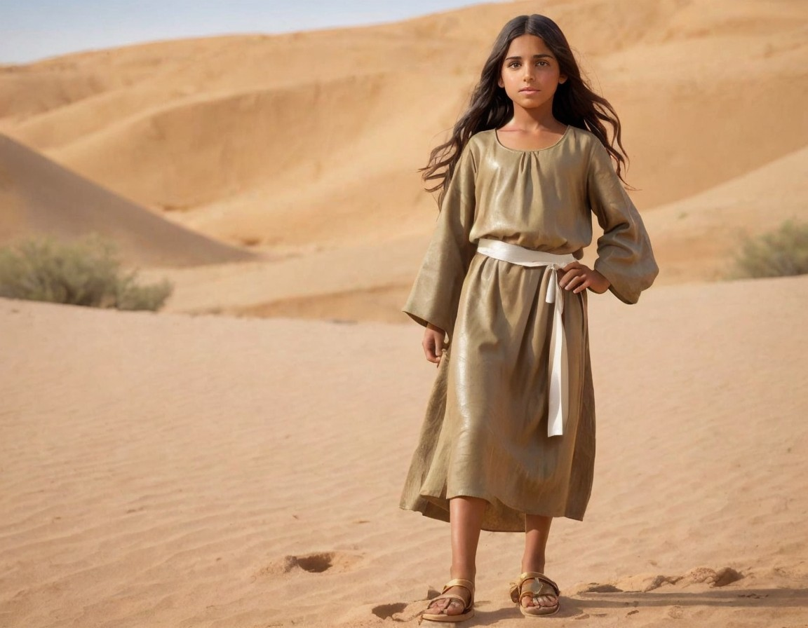 Young girl in olive dress in desert landscape