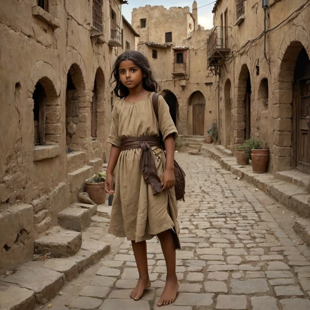 Young girl in a cobblestone alley with rustic buildings