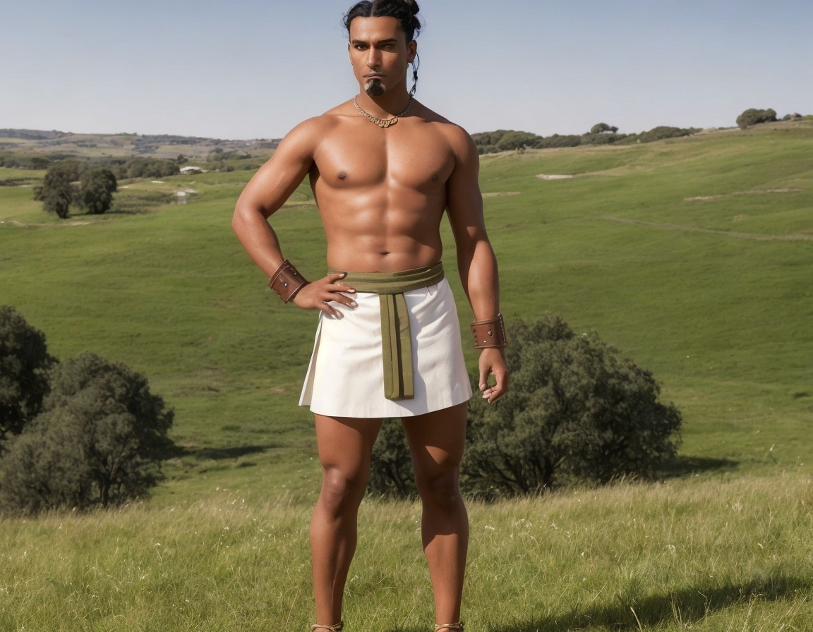 Muscular Man in Lush Green Landscape with Unique Attire