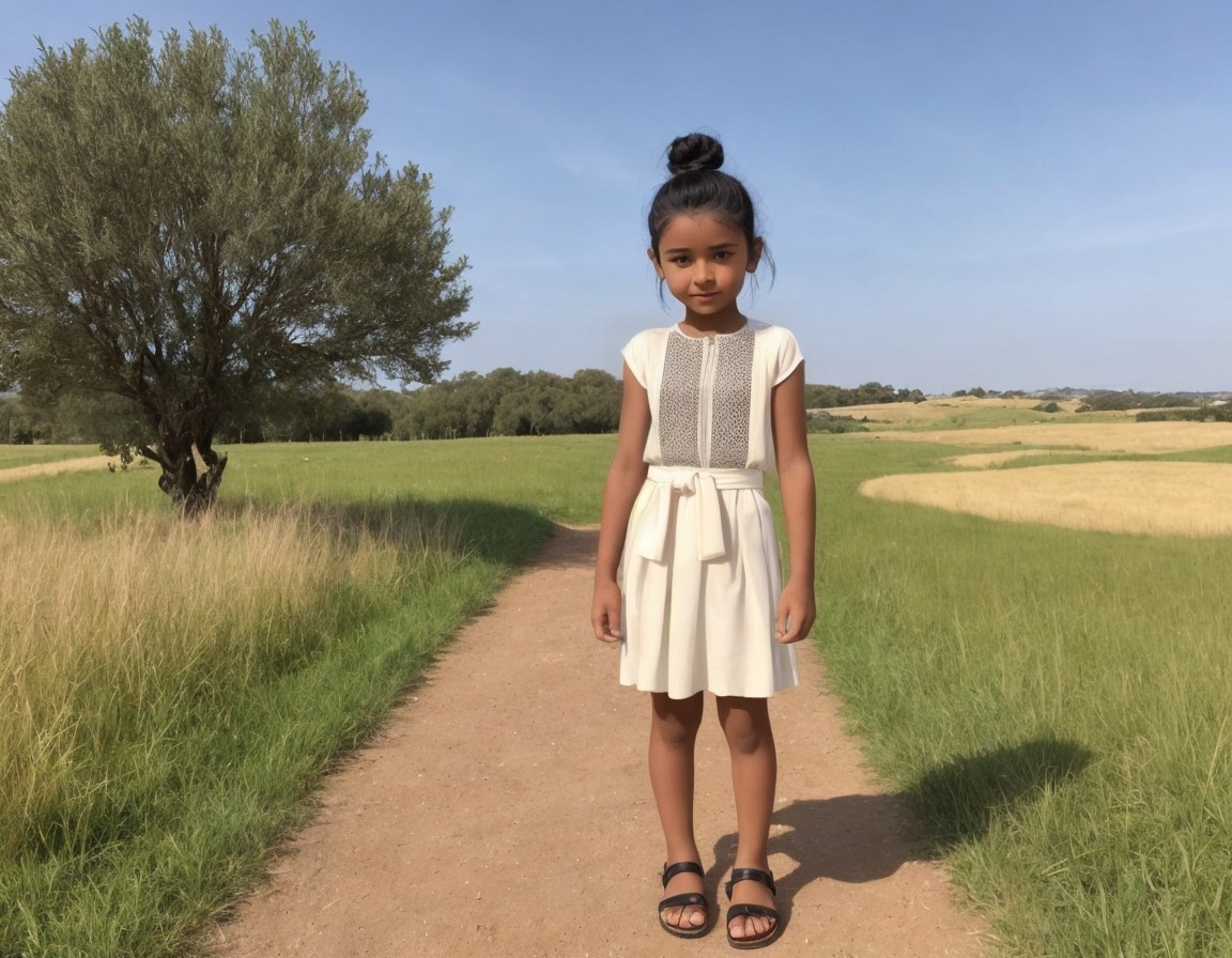 Young girl on a dirt path in lush green fields