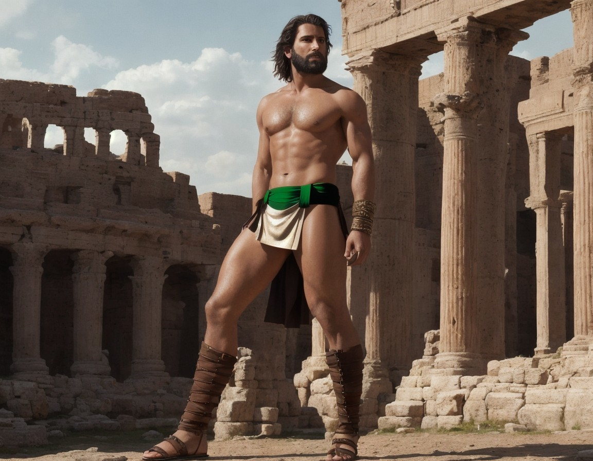 Muscular Man in Tunic Amid Ancient Ruins