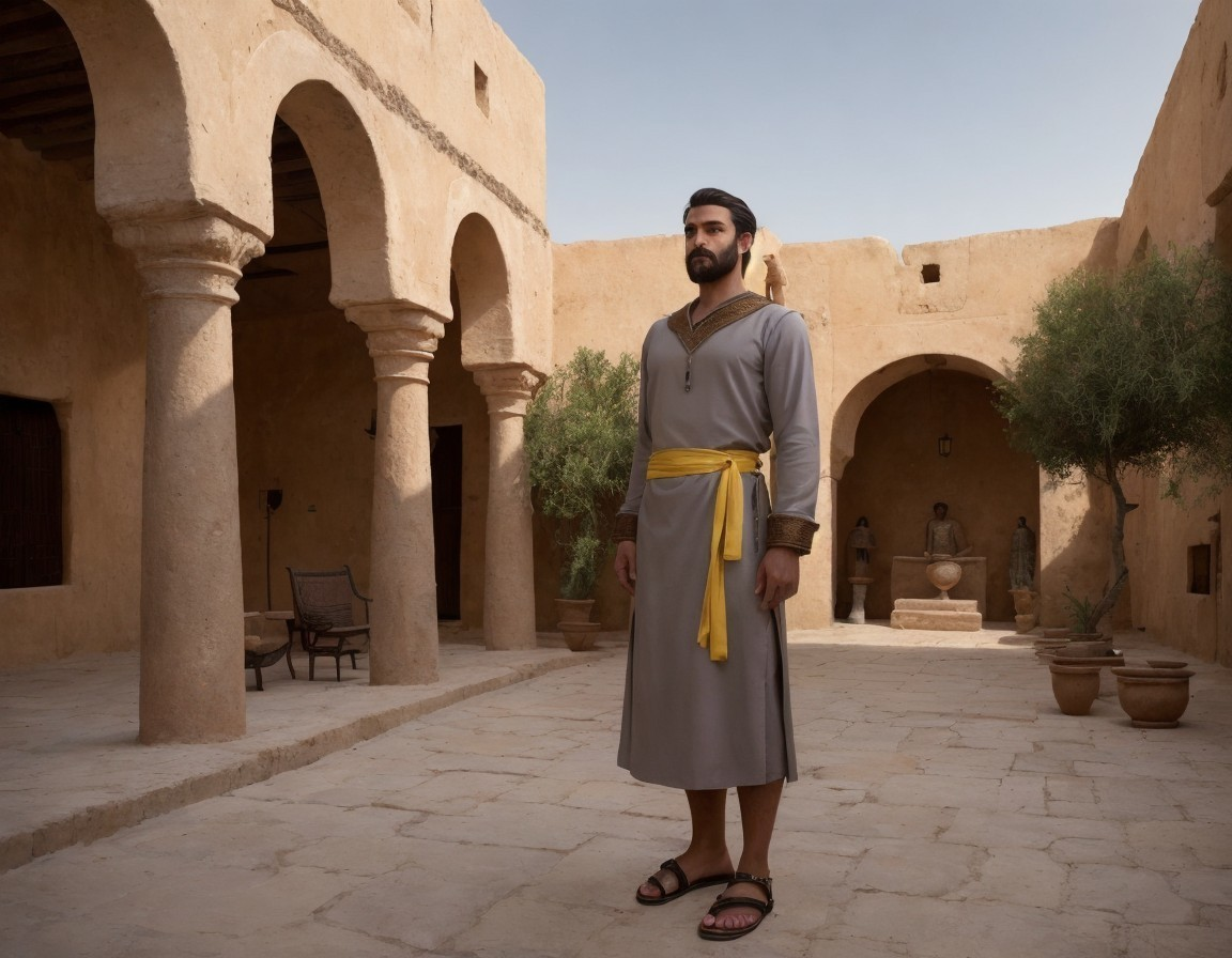 Man in Gray Robe in Ancient Stone Courtyard