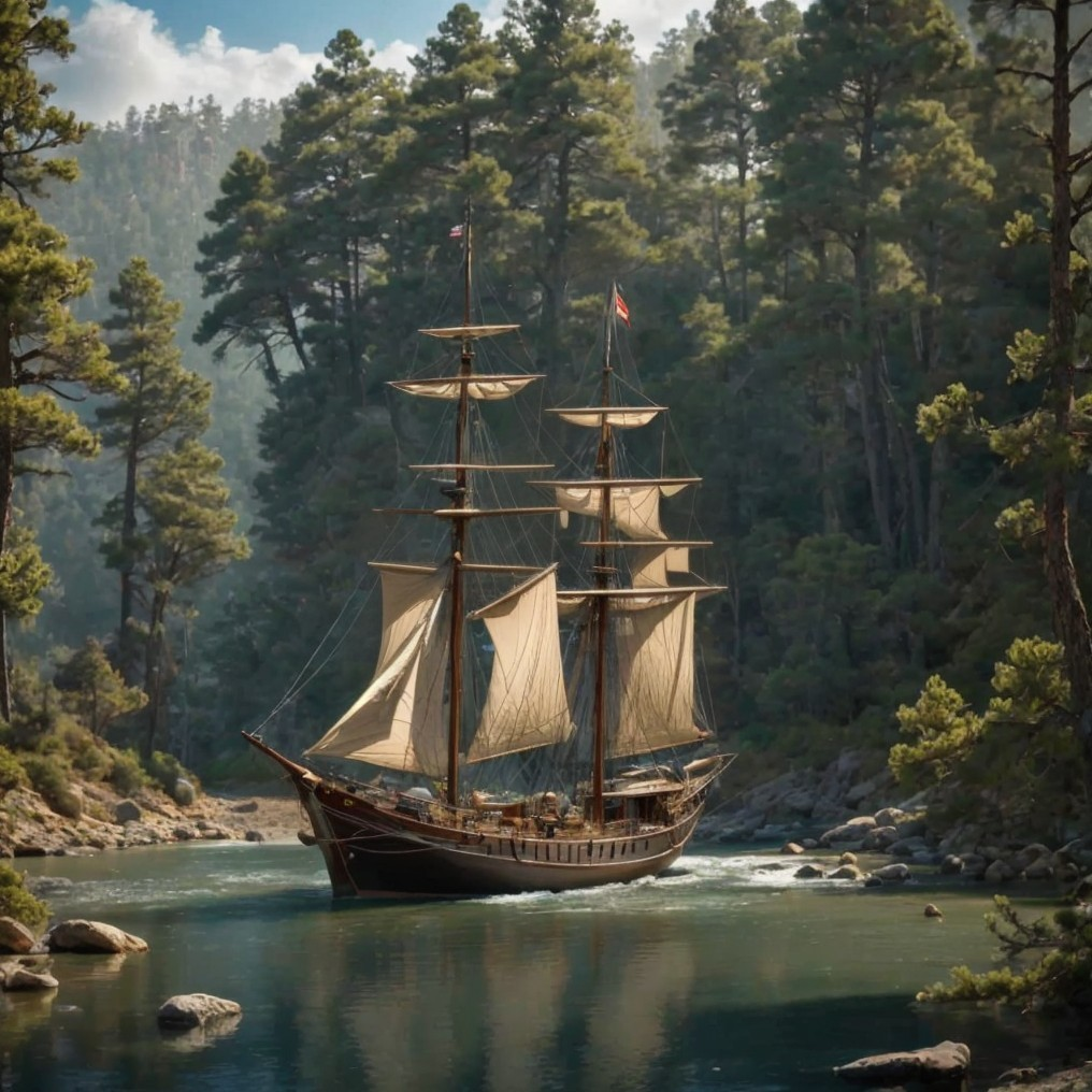 Tall Ship Navigating Serene River with Lush Forests