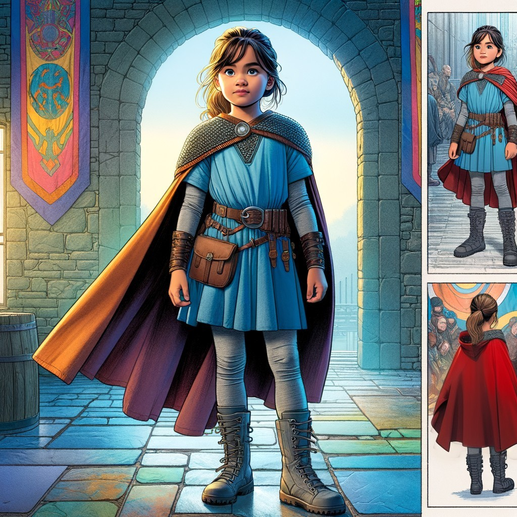 Young Girl in Fantasy Setting with Red Cape and Archways