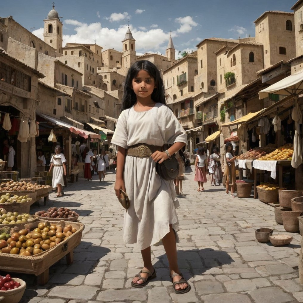Young girl in white dress at vibrant marketplace scene