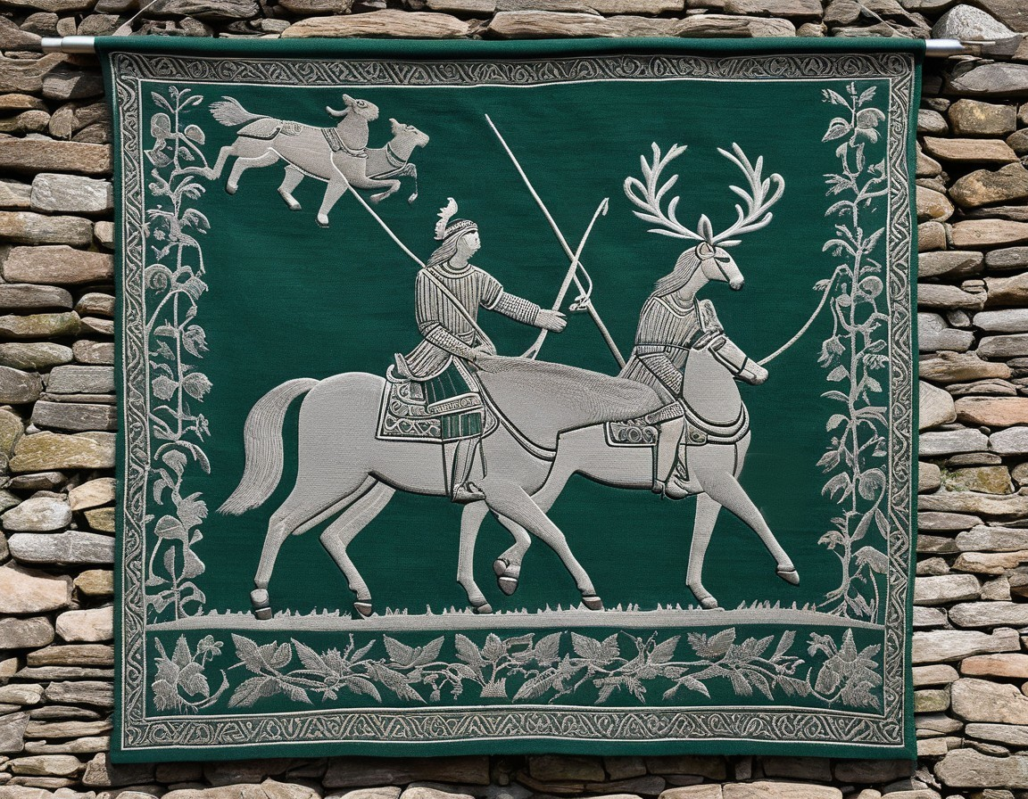 Intricate tapestry of armored riders with deer motif