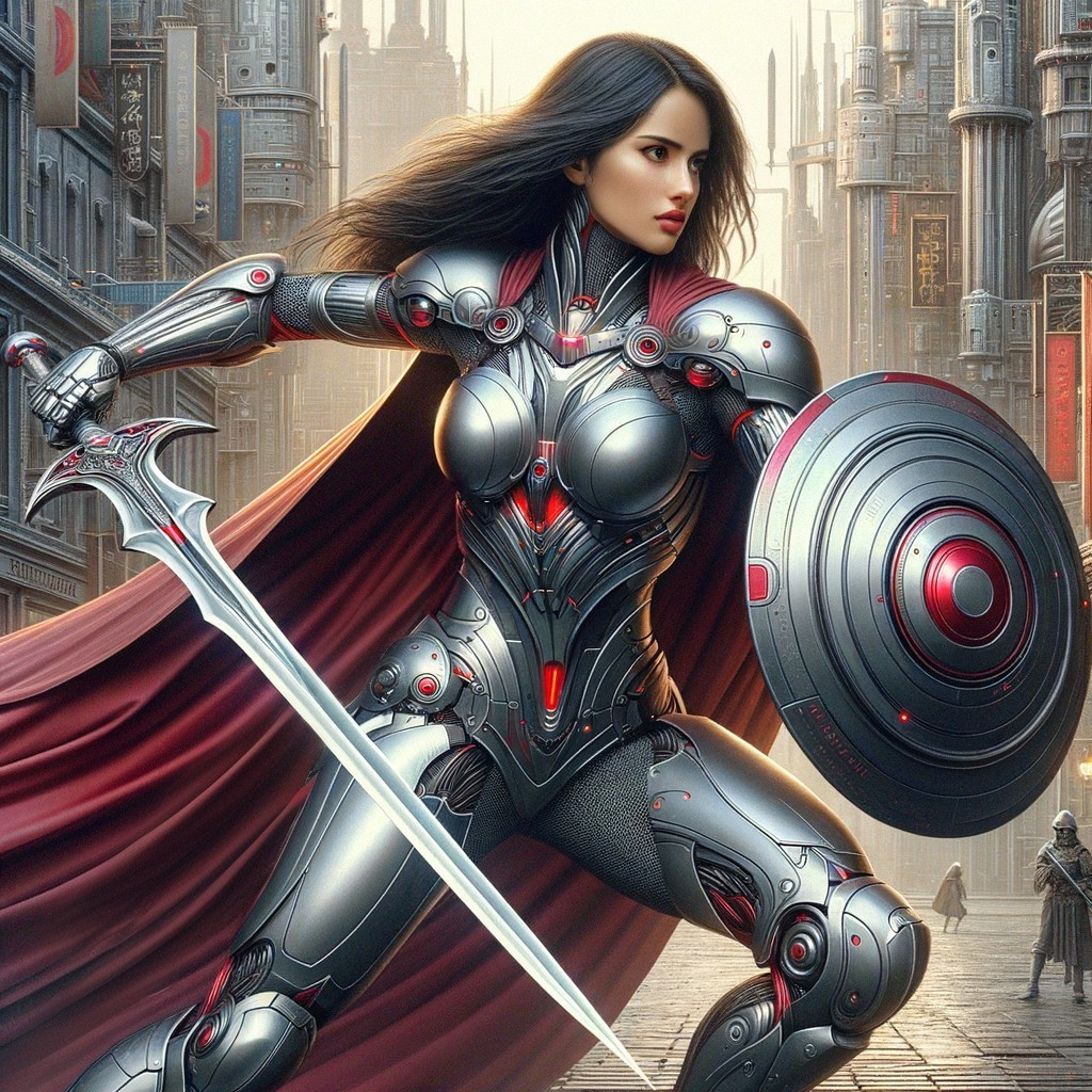 Futuristic warrior in metallic suit with sword and shield