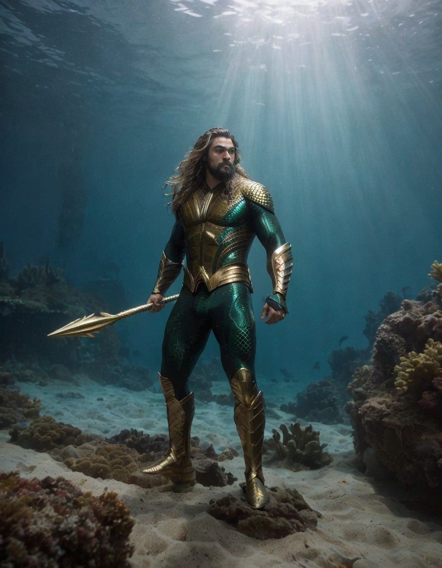 Underwater Scene of Hero in Green and Gold Costume