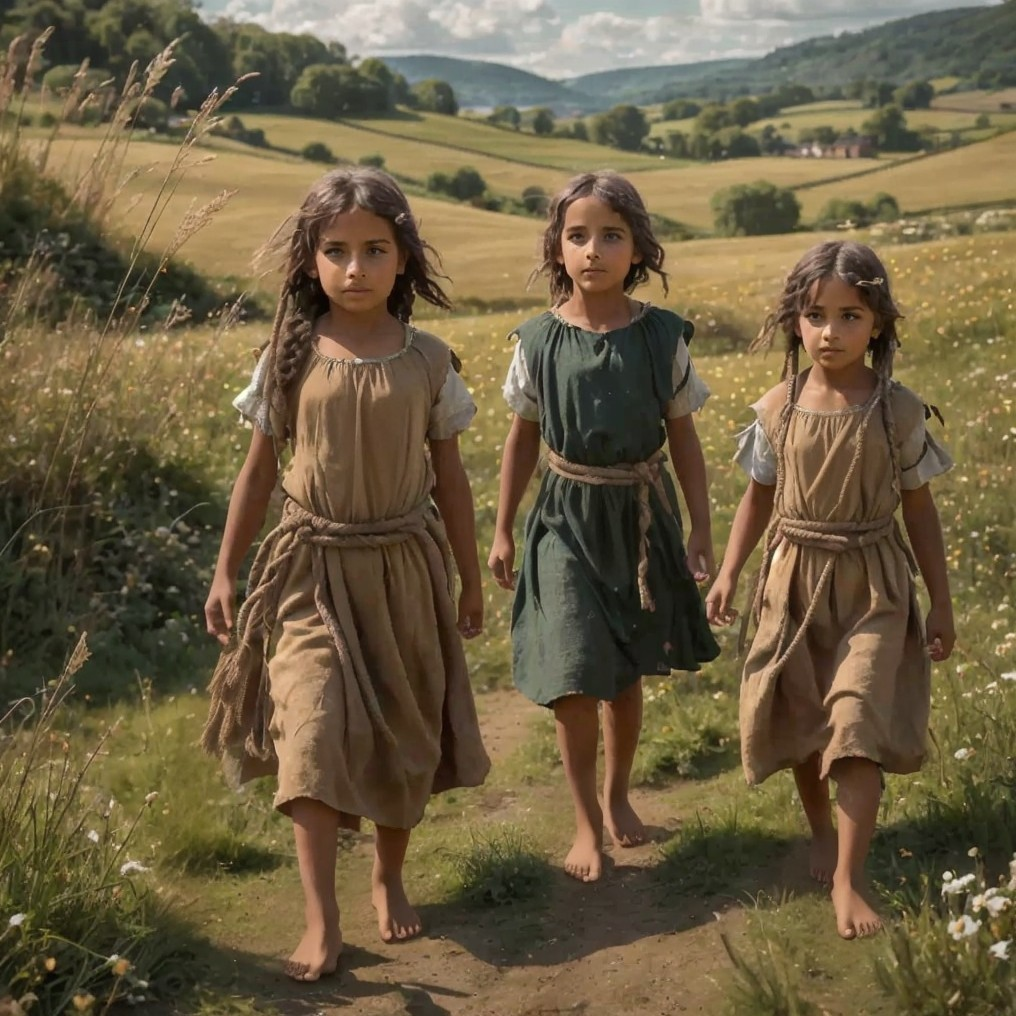 Young Girls Walking on Dirt Path in Green Landscape