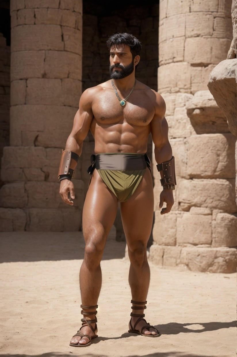 Muscular Warrior in Ancient Setting with Stone Columns