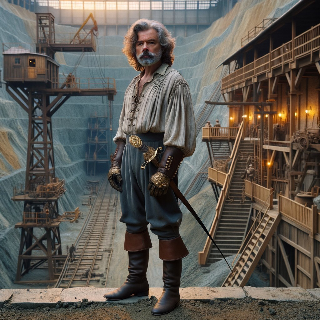 Man in Vintage Outfit at Industrial Mining Site