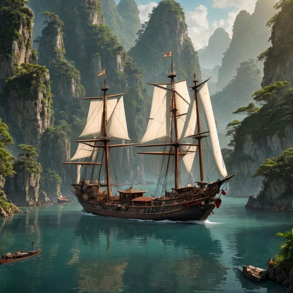 Tall Ship in Serene Turquoise Cove with Emerald Cliffs