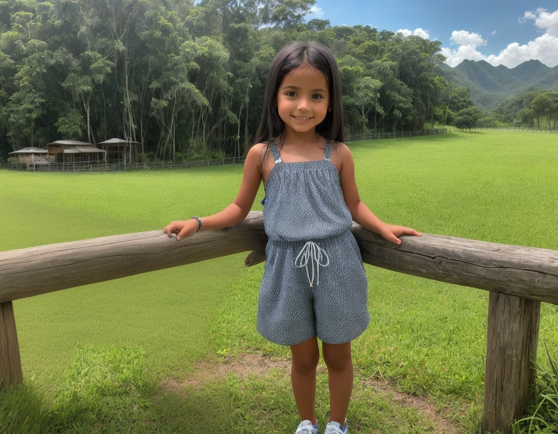 Young girl by wooden fence in vibrant landscape