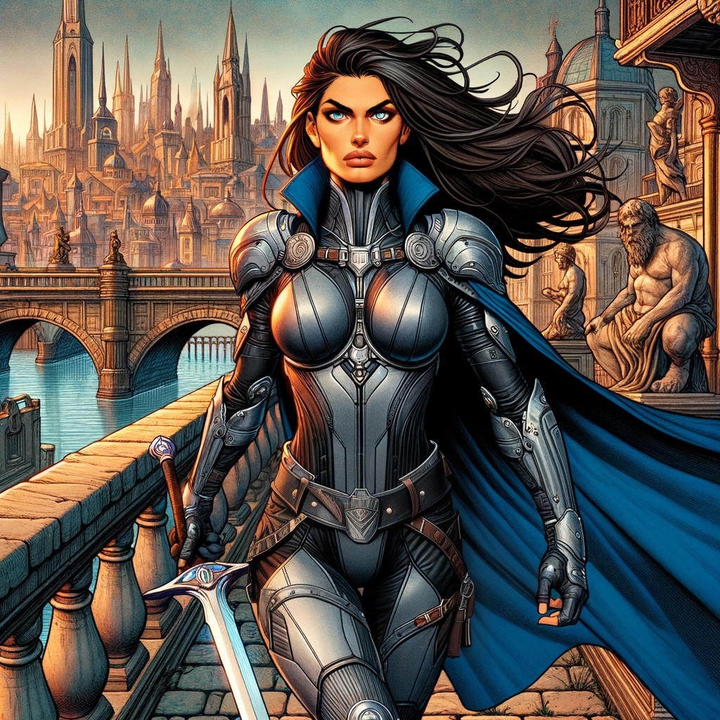 Fierce Warrior in Fantasy Cityscape with Armor and Sword